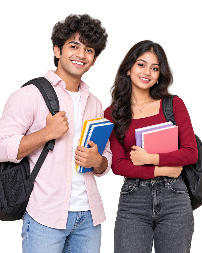 Two students with notebooks and backpacks