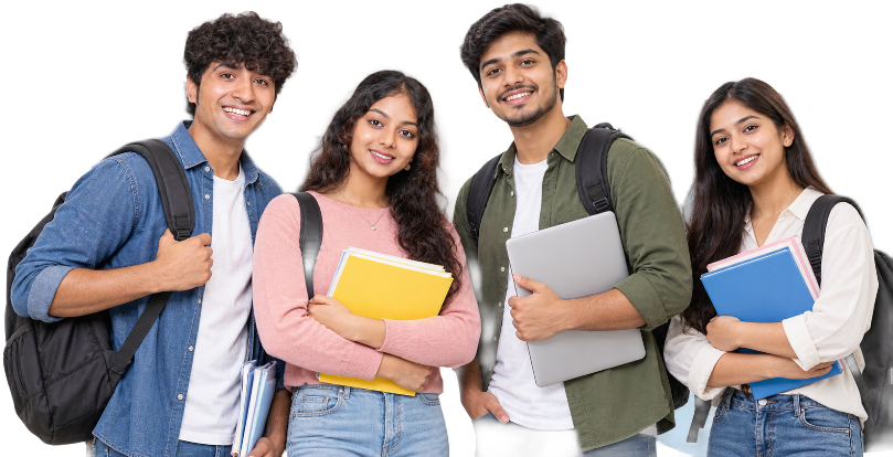 Students with books, a laptop, and backpacks